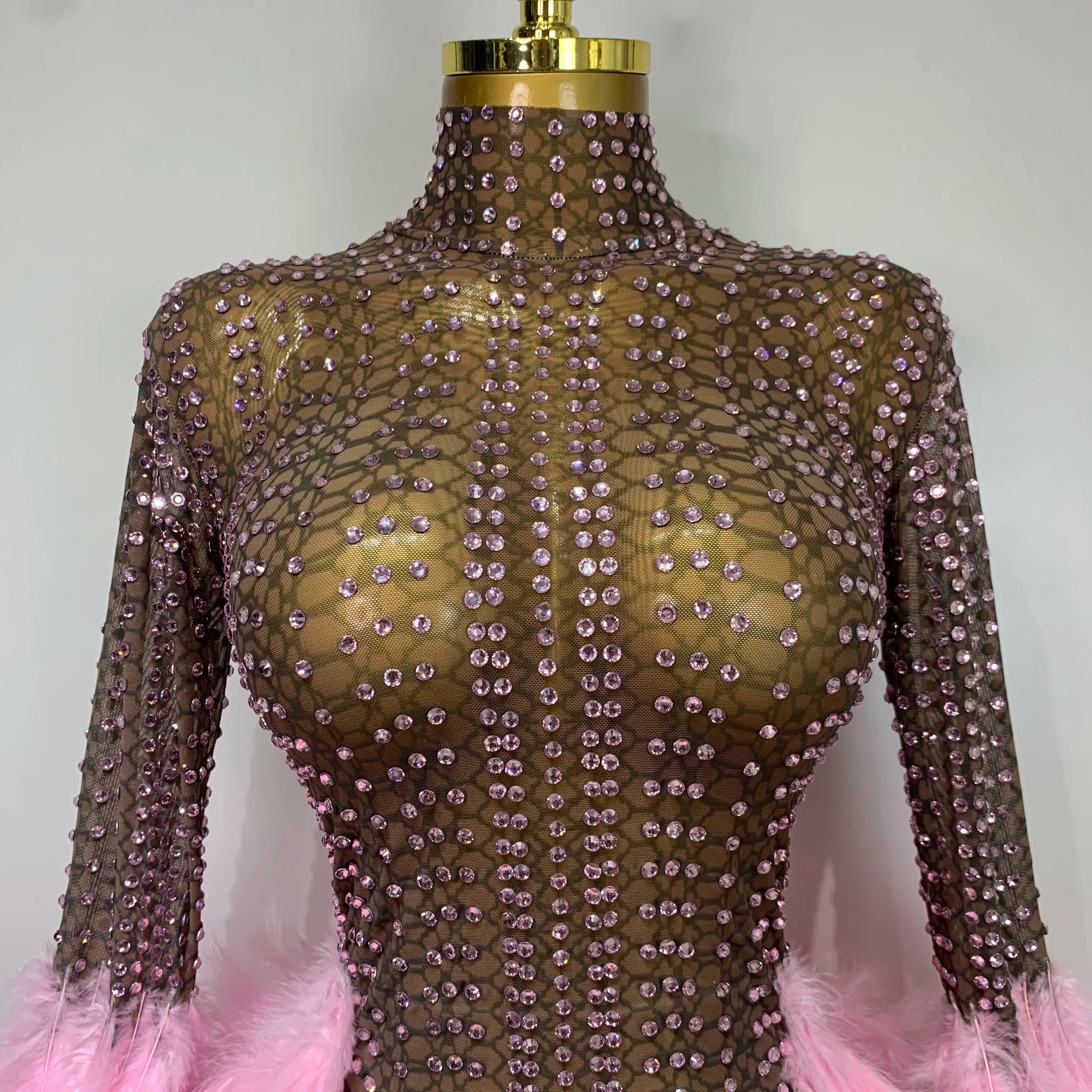 Women Luxury Birthday Dress Rhinestones Mesh Feathers Bodycon Mini Celebrity Evening Club Party Dress Nightclub Stage Outfit