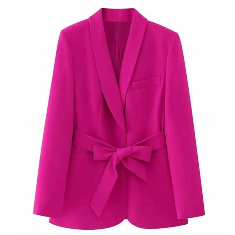 TRAFZA Women's Casual Blazer Chic Outerwear Elegant Flared Trousers Long Sleeve V-Neck Belted Office Commuter Suit Set Rose Top-O58