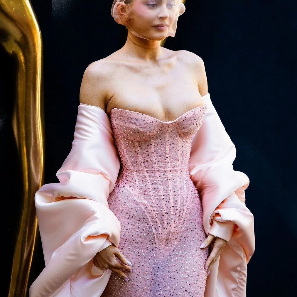 Celebrity Evening Party Dress Pink Color Shinning Sequins Women Sexy Strapless Bodycon Long Celebrate Birthday Photo Shoot Dress