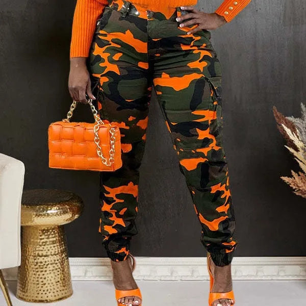 Women’s Camouflage Printed Slim Cargo Pants 2024 Spring/Summer Pocket Jogger Street Fashion Safari Trousers Orange
