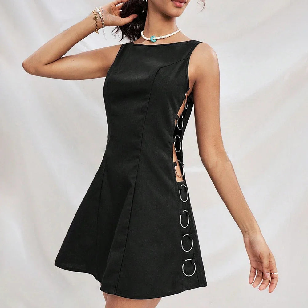 Hollow Out Spliced Circle Dresses For Women Round Neck Sleeveless High Waist Slimming Tunic Mini Dress Female New BLACK