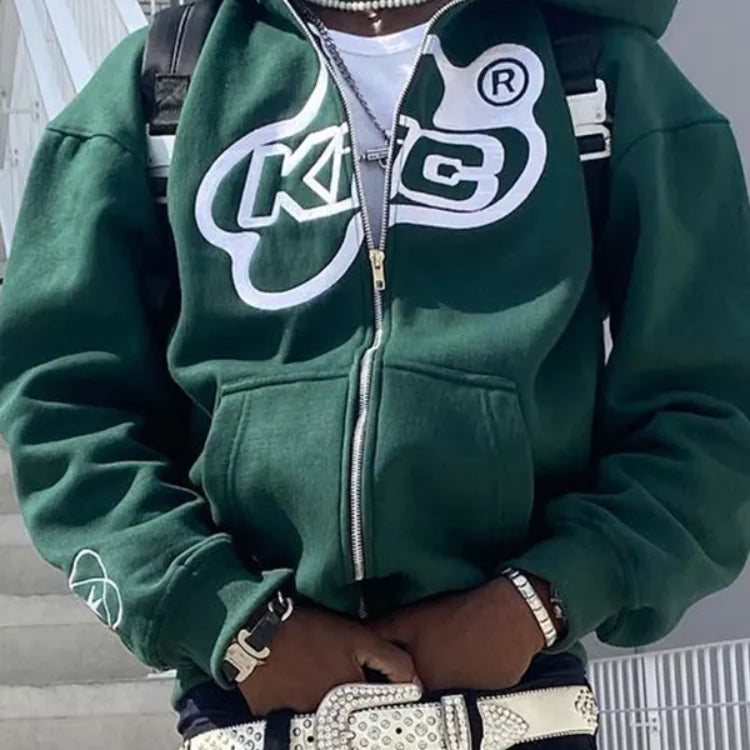 Women Letter Printed Hoodies Harajuku High Street Hooded Sweatshirts Y2K Streetwear Hip Hop Gothic Zip Up Loose Jacket Coats Dark green