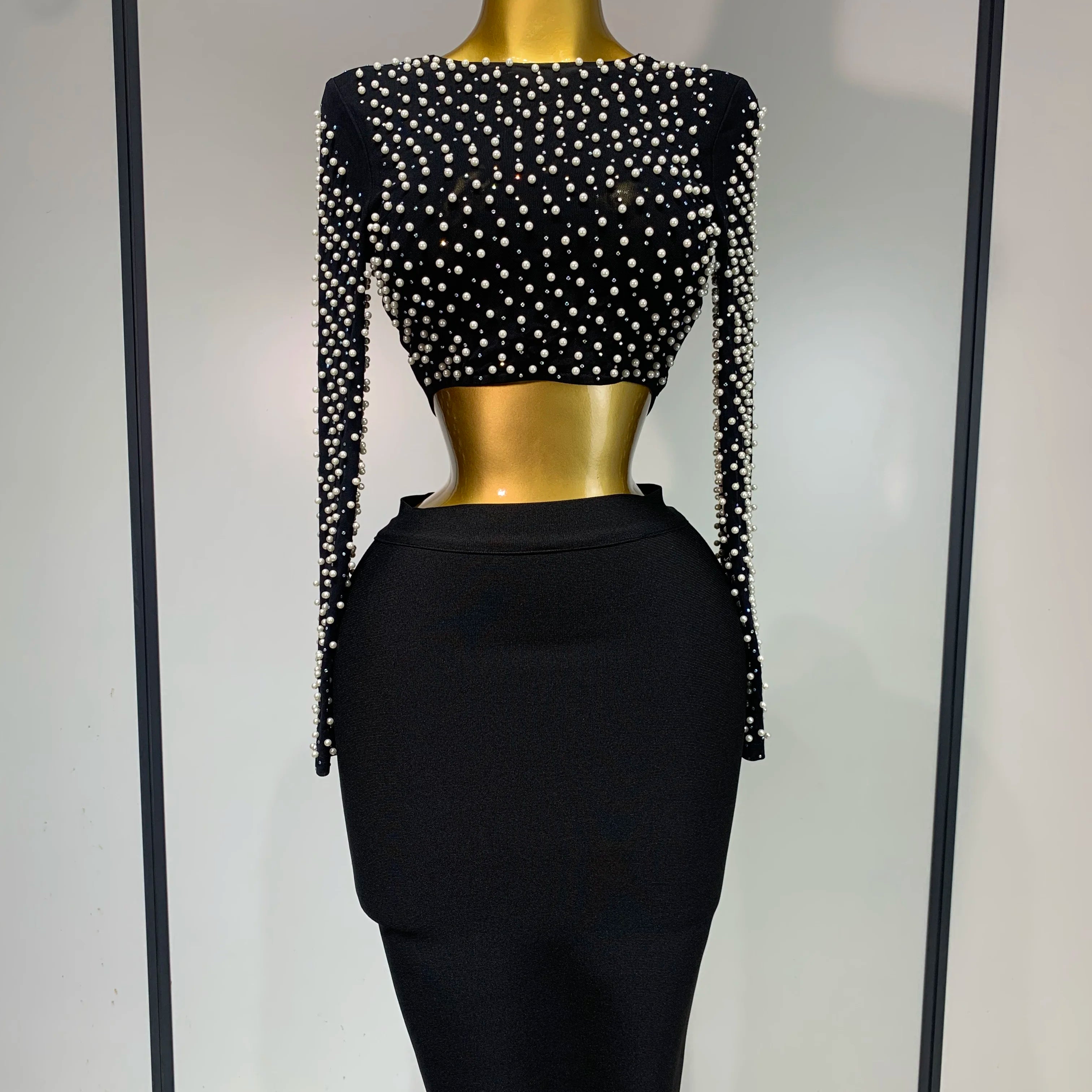 Women Sexy Long Sleeve Mesh Pearl Top Celebrity Midi Women Bandage Set 2025 Designer Evening Party Luxury Birthday Two Piece Set black