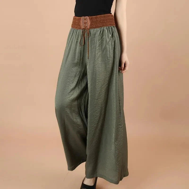 Casual Elastic High Waist Lace Up Belt Wide Leg Loose Women's Pants Korean Fashion Full-Length Pants For Women Spring army green