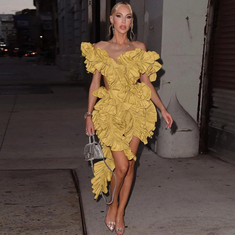 Women Edible Tree Fungus Tierred High Low Asymmetrical Ball Gown Dress 2023 Sexy Club Party Evening High Street Dresses Yellow