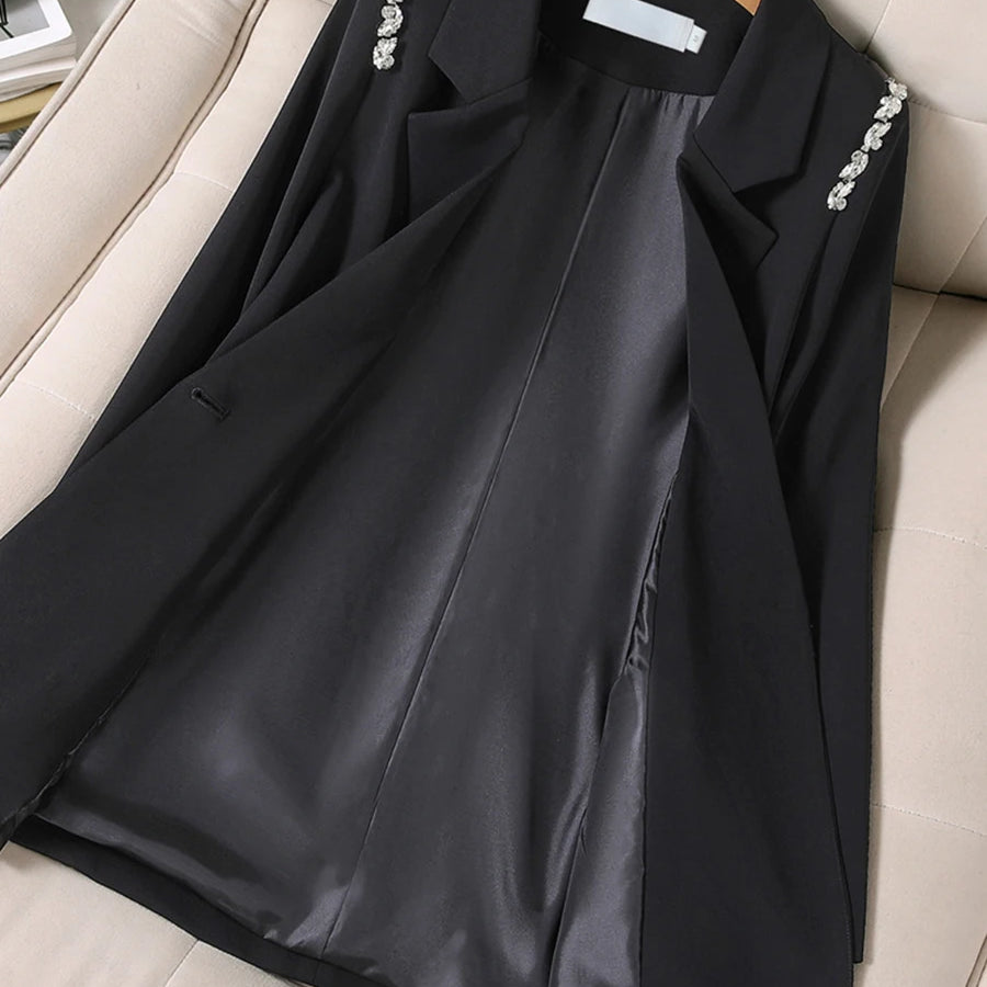 Solid Loose Spliced Button Casual Jackets for Women Lapel Long Sleeves Patchwork Bead Jacket Female Fashion Clothes