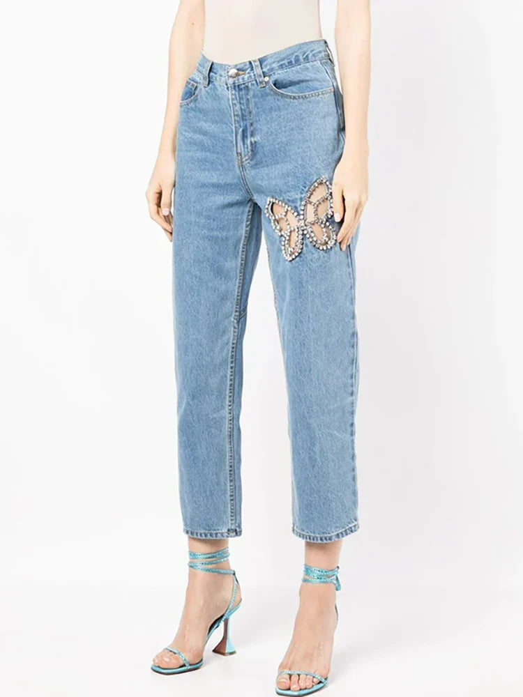 DEAT Women Notched Collar Diamond Tassel Short Denim Coat High Waist Butterfly Hollow Out Jeans Summer New Fashion 29L2717