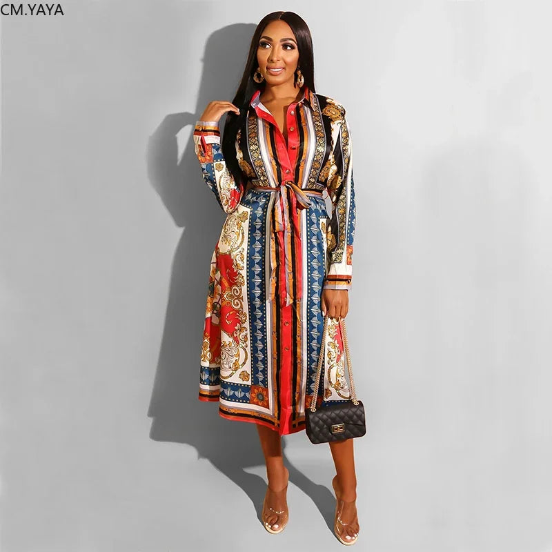 2020 Spring Summer Mid Calf Dress Long Sleeve Print Casual Beach Sashes Bandage Night Club Party Loose Midi Shirt Dresses GL887 Red