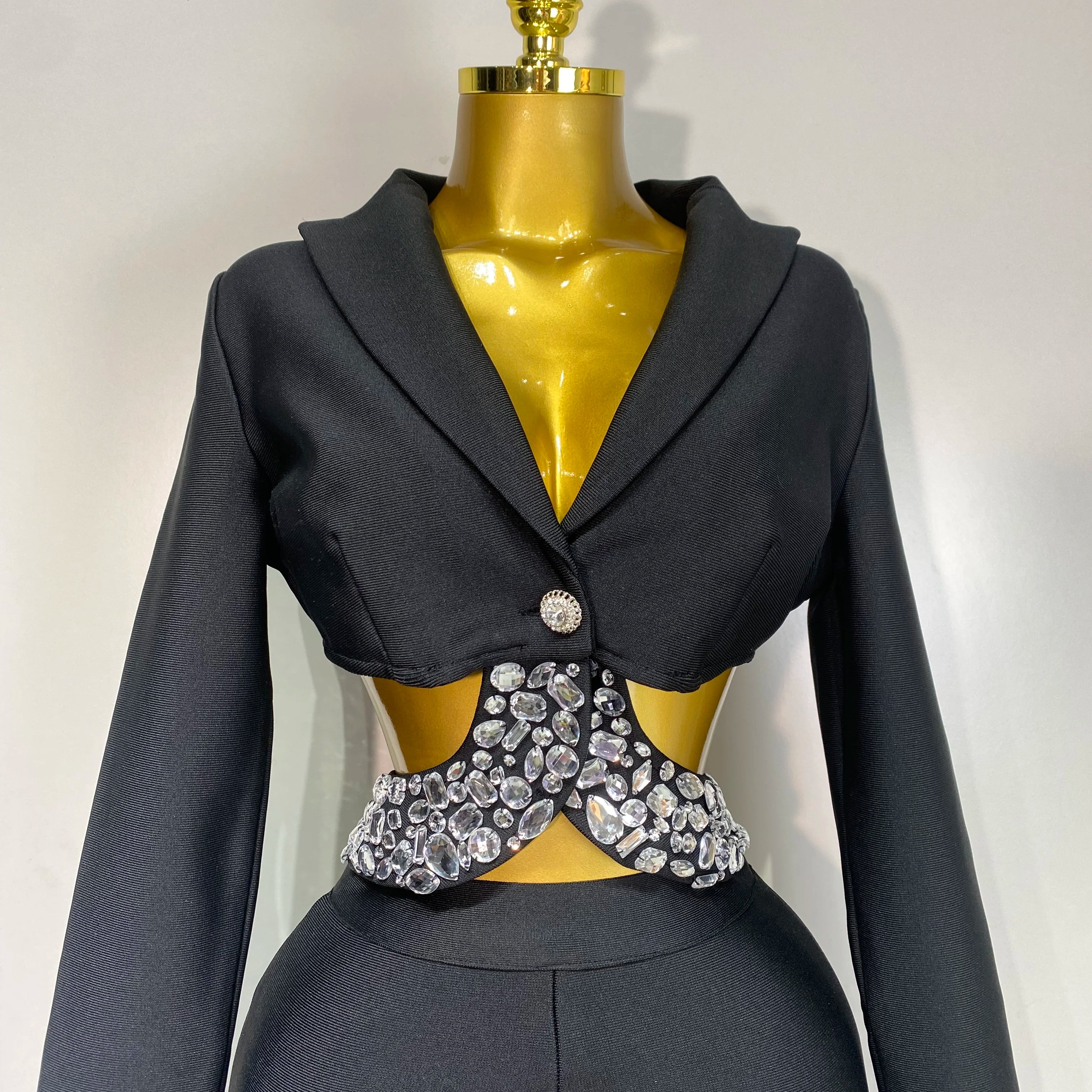 Women Sexy Cut Out Long Sleeve Beading Bodycon Two Pieces Pants Bandage Set Celebrity Designer Fashion Women Luxury Birthday Set