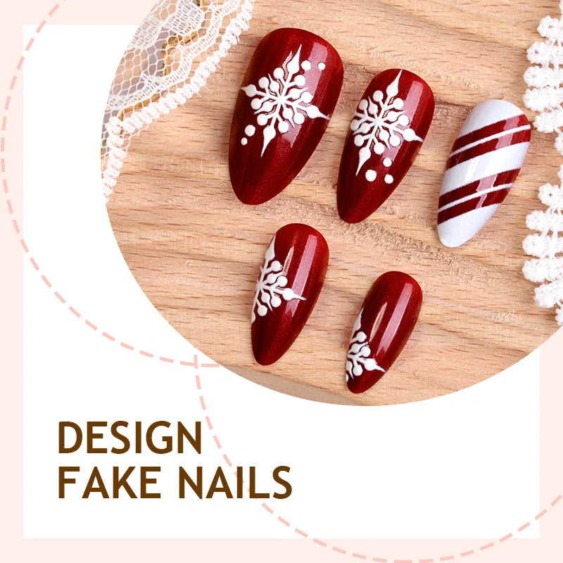 Christmas Fakse Nails 24Pcs Glossy Red Almond Press On Nails Snowflake/Striped Printed Women New Year Party Charm Manicure
