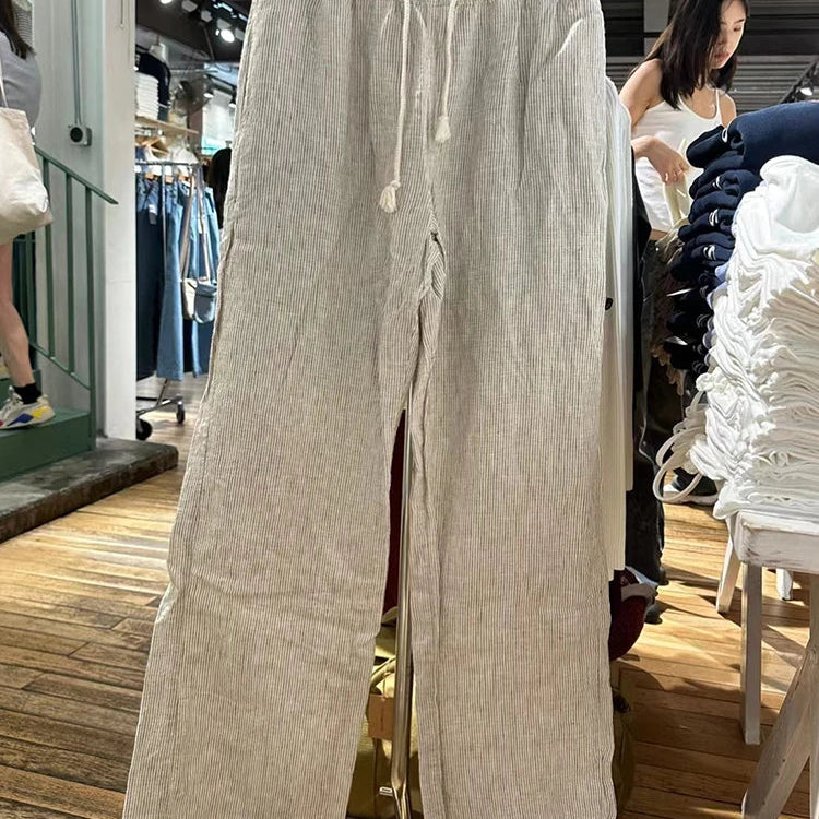 Retro Pink Striped Drawstring Sport Pants Women Autumn High Waist Linen Casual Wide Leg Pants Y2k Streetwear Loose Trousers Chic gray One Size
