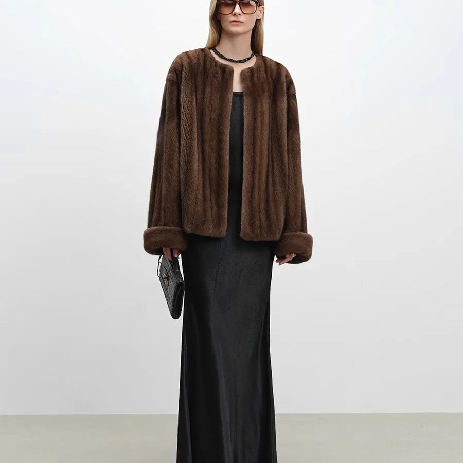 Lautaro Autumn Winter Short Luxury Elegant Thick Warm Soft Brown Faux Mink Fur Coat Women Long Sleeve Modern Chic Fluffy Jacket Brown