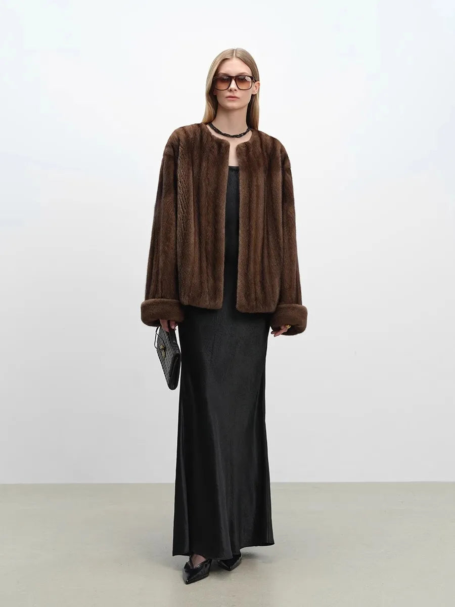 Lautaro Autumn Winter Short Luxury Elegant Thick Warm Soft Brown Faux Mink Fur Coat Women Long Sleeve Modern Chic Fluffy Jacket Brown