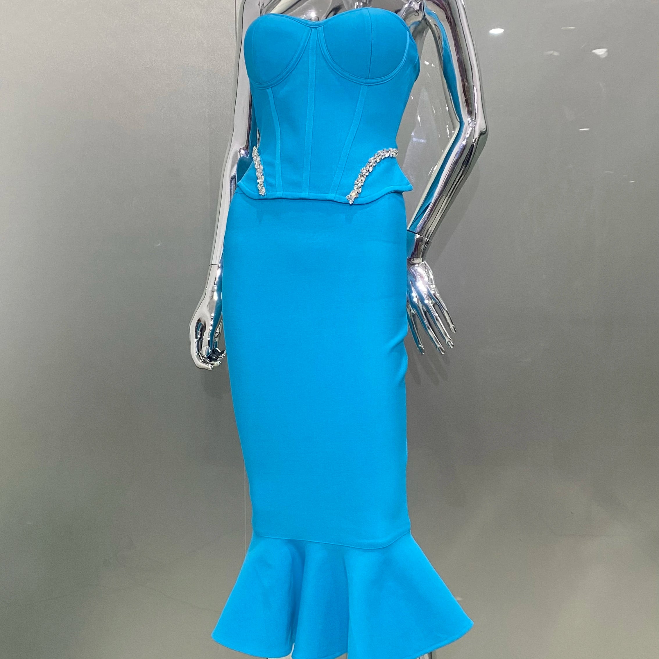 Blue Color Woman Bandage Set Shining Diamonds Strapless Top And Mid Calf Mermaid Skirt 2 Piece Set Cocktail Party Outfit