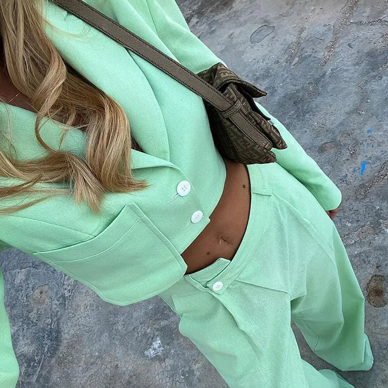 Women Two Piece Set Fashion Lapel Long Sleeve Single Raw Button Top Casual Loose Pants The Suit Sets High Streetwear