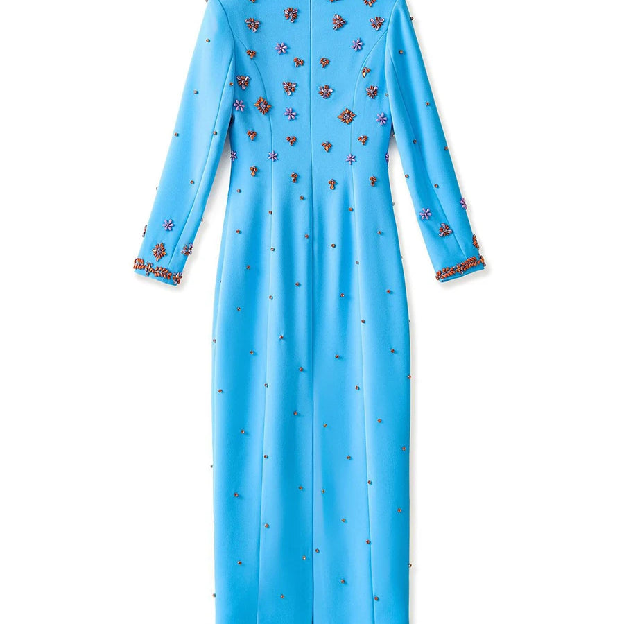 Solid Slimming Spliced Bead Luxurious Dresses for Women Square Neck Long Sleeves Temperament Dress Female Clothing