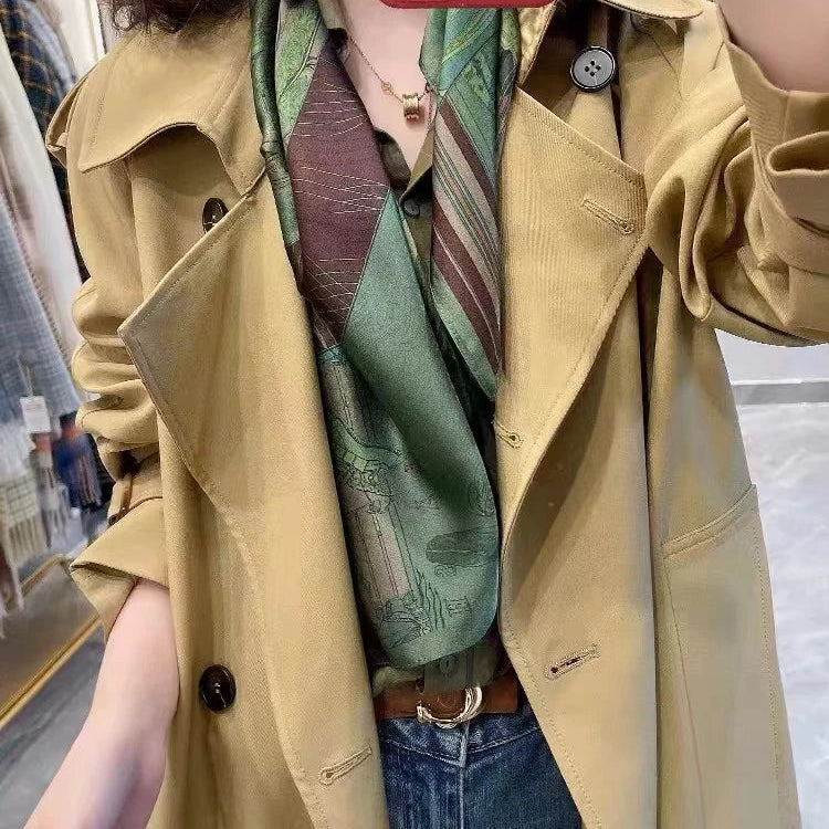 BYSIFA| New Grey Blue Silk Scarf Fashion Floral Design 70cm Square Scarves Fall Winter Neck Scarf Hijab Sweet Headband 65*65cm green