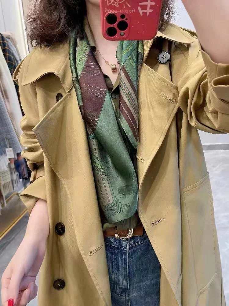 BYSIFA| New Grey Blue Silk Scarf Fashion Floral Design 70cm Square Scarves Fall Winter Neck Scarf Hijab Sweet Headband 65*65cm green