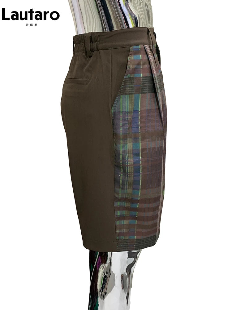 Lautaro Summer Autumn Loose Soft Thin Colorful Plaid Patchwork Shorts for Men Mens Knee Length Pants Luxury Designer Emo Clothes