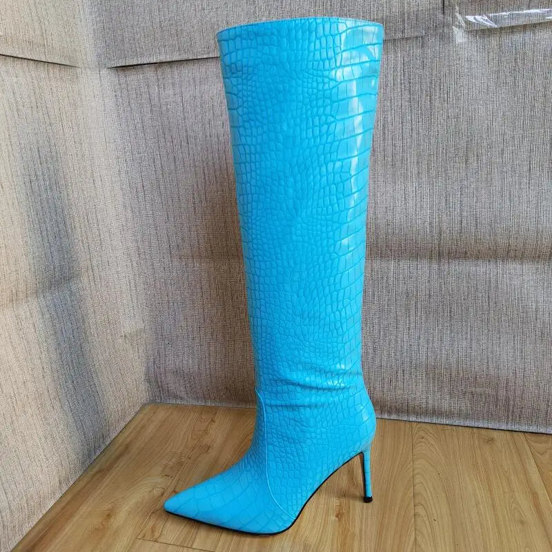 Size 43 Women Sexy Pattern Knee High Boots 2022 Autumn High-heel Pointed Toe Women's Shoes Black Blue