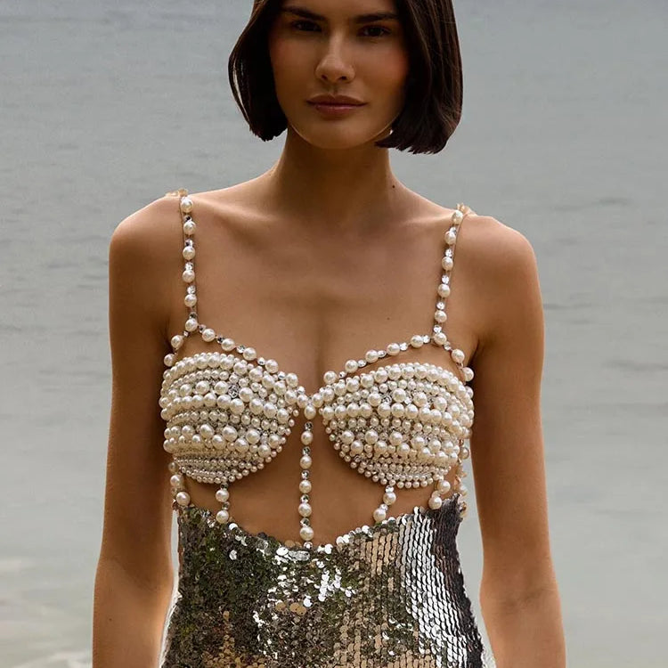 Chic Sequin Pearl Detailed Cut-Out & Straps Dress for Trendy Parties Evening Gown