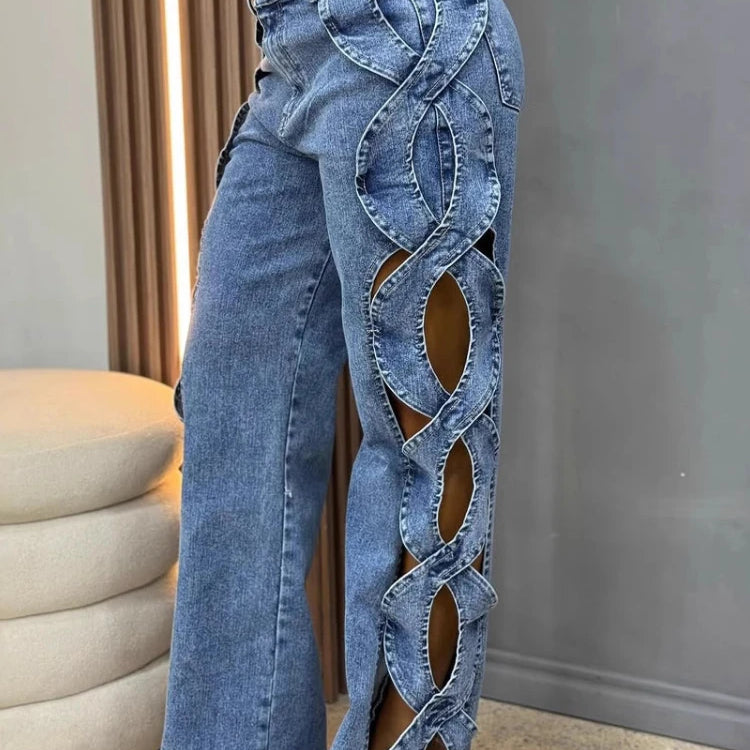 CM.YAYA Women Streetwear Cutout Hollow Out Criss Cross Side Wide Leg Blue Denim Pants 2025 Fashion Sexy Party Jeans Trousers