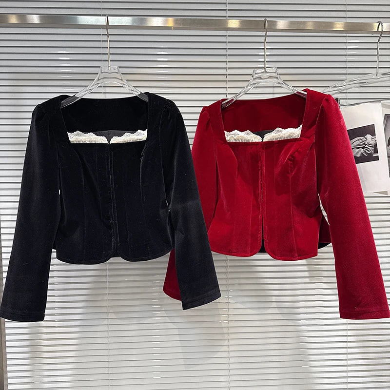Winter New Fashion Lace Edge Square Collar Waist Design Velvet Short Coat For Women Elegant High Waist Jacket 11A07962
