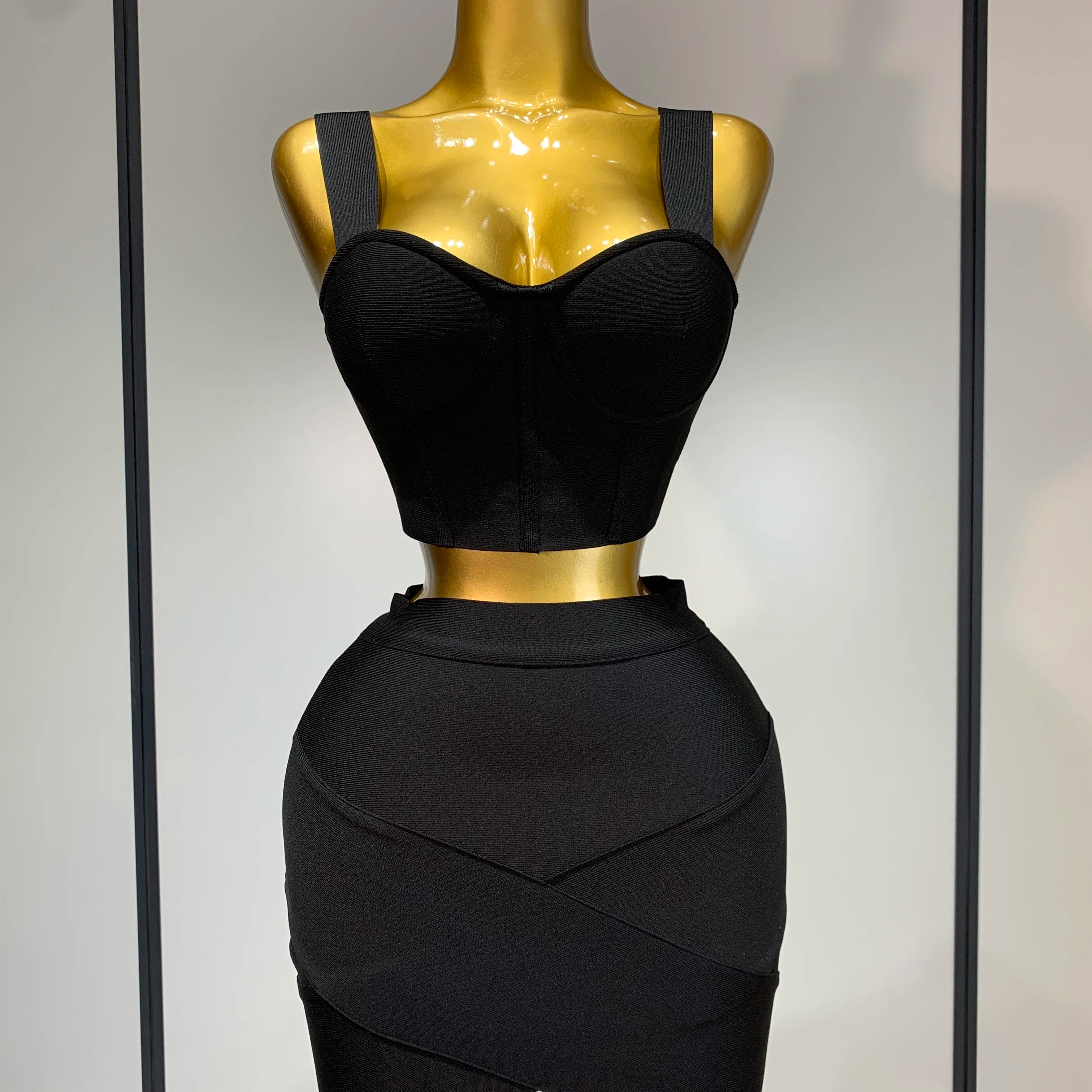 Women Sexy Backless Top Short Skirt Bodycon Bandage Two Pieces Sets 2025 Evening Party Luxury Birthday Outfit Nightclub Suits black