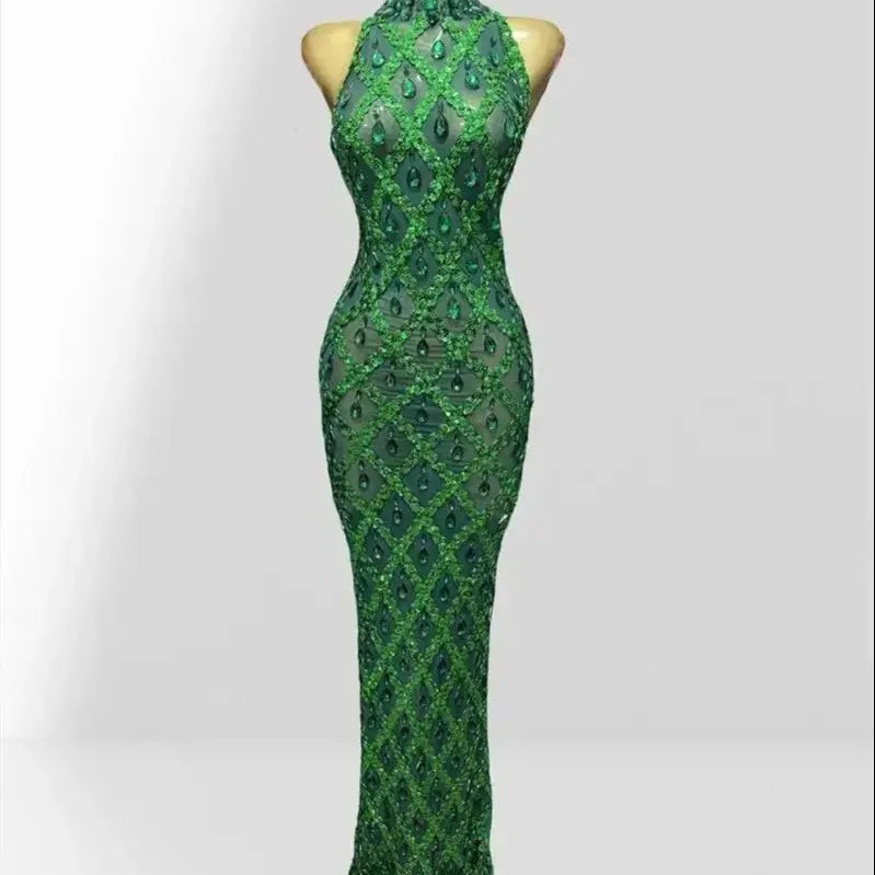 Woman Birthday Party Outfit Club Performance Costume Sparkling Diamond Green Sequins Sexy Mesh see Through Ankle Length Dress green