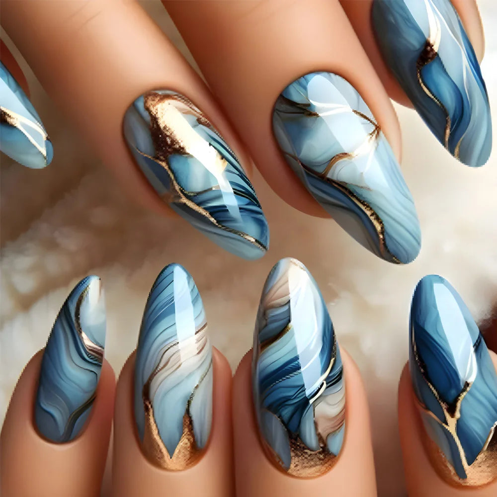 24Pcs Shading Gradient Deep Blue Press on Nails Stripes Almond False Nails with Jelly Glue Wearable Fashion Finished Nail Patch 4