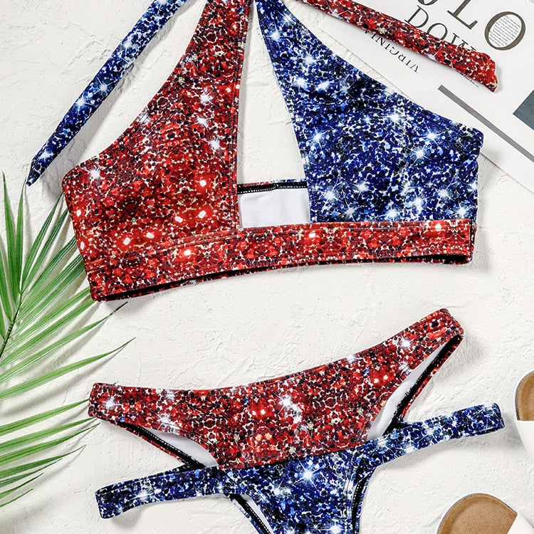 Sexy Cute Wrap Cut Out Halter Bikini Set Glitter American Flag Swimsuit Set Women Criss Cross Bathing Suit 2 Piece 2024 Summer