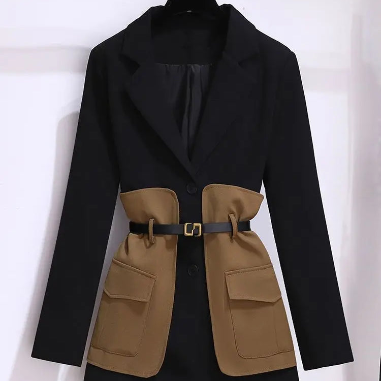 2023 Spring Belt Decorative Patchwork Jacket Blazer Casual Expansion Crying Two-piece Elegant Women Pants Suit Office Outfits black jacket