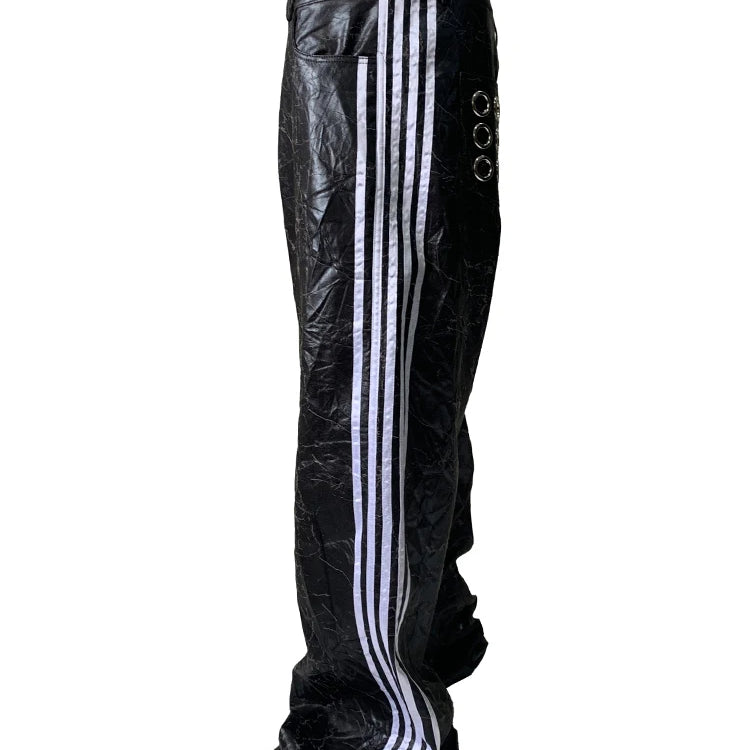 Lautaro Autumn Long Black Faux Leather Wide Leg Pants for Mens with Side Stripes Holes Luxury Emo Streetwear European Fashion