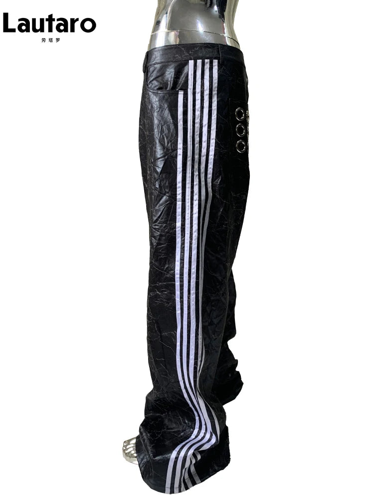 Lautaro Autumn Long Black Faux Leather Wide Leg Pants for Mens with Side Stripes Holes Luxury Emo Streetwear European Fashion