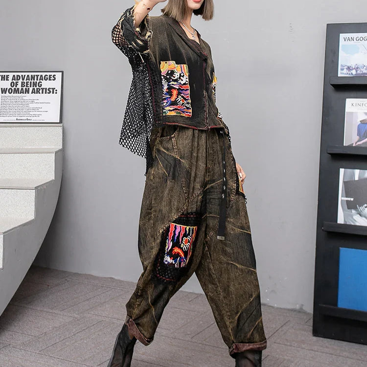 Spring Summer New Embroidered Patchwork Mesh Denim Short Sleeved T-shirt + Harem Pants Two-piece Set Women LX253