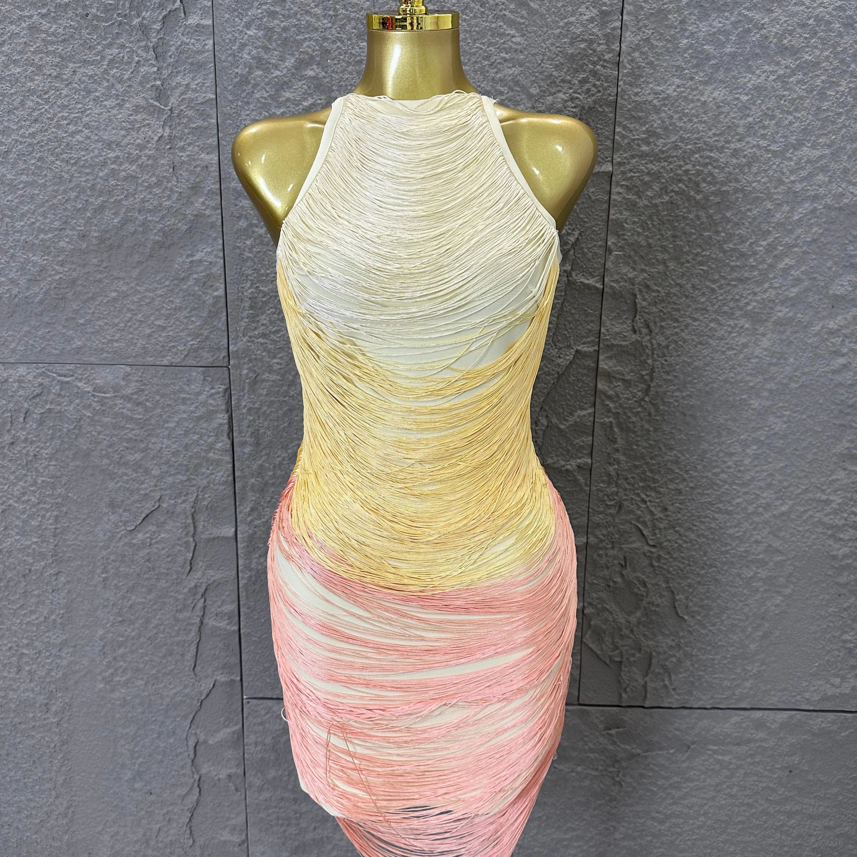 Refined Elegant Halter Neck Mini Dress Women Sexy Gradient Fringe Nightclub Evening Party Outfit Gala Cocktail Party Costume Yellow