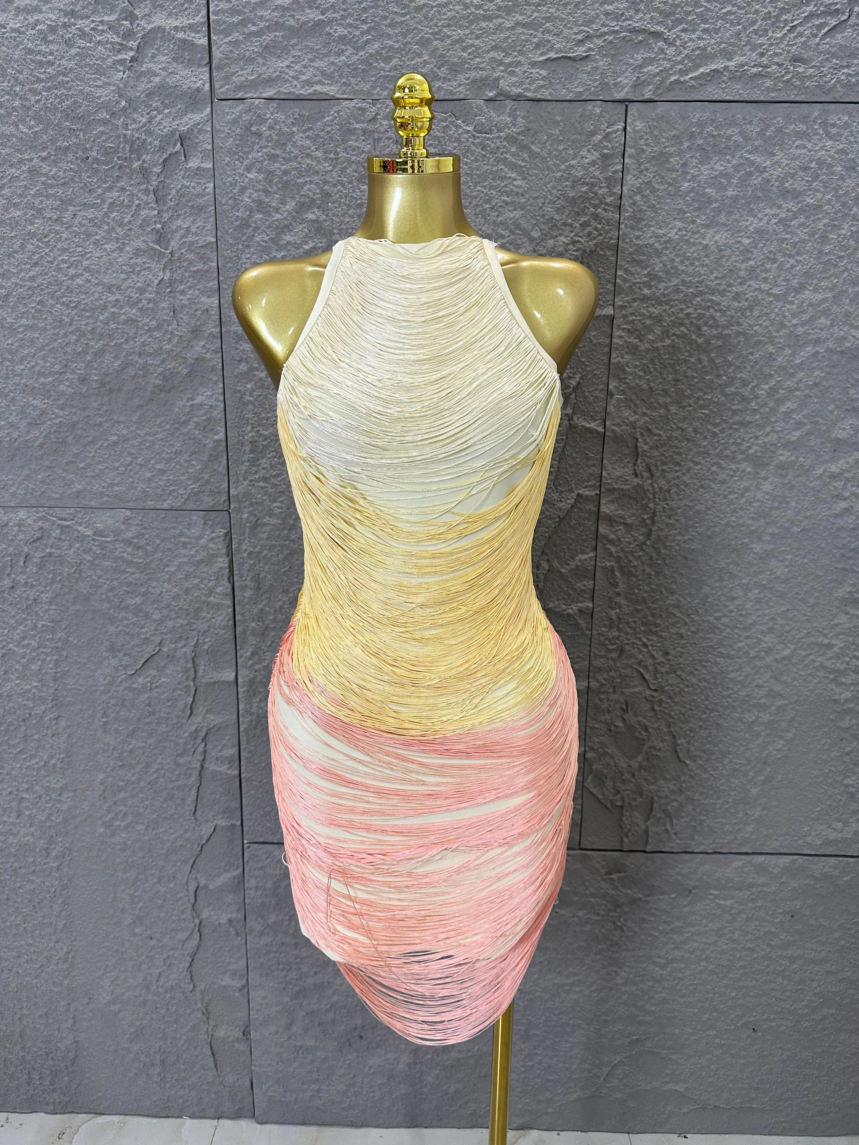 Refined Elegant Halter Neck Mini Dress Women Sexy Gradient Fringe Nightclub Evening Party Outfit Gala Cocktail Party Costume Yellow