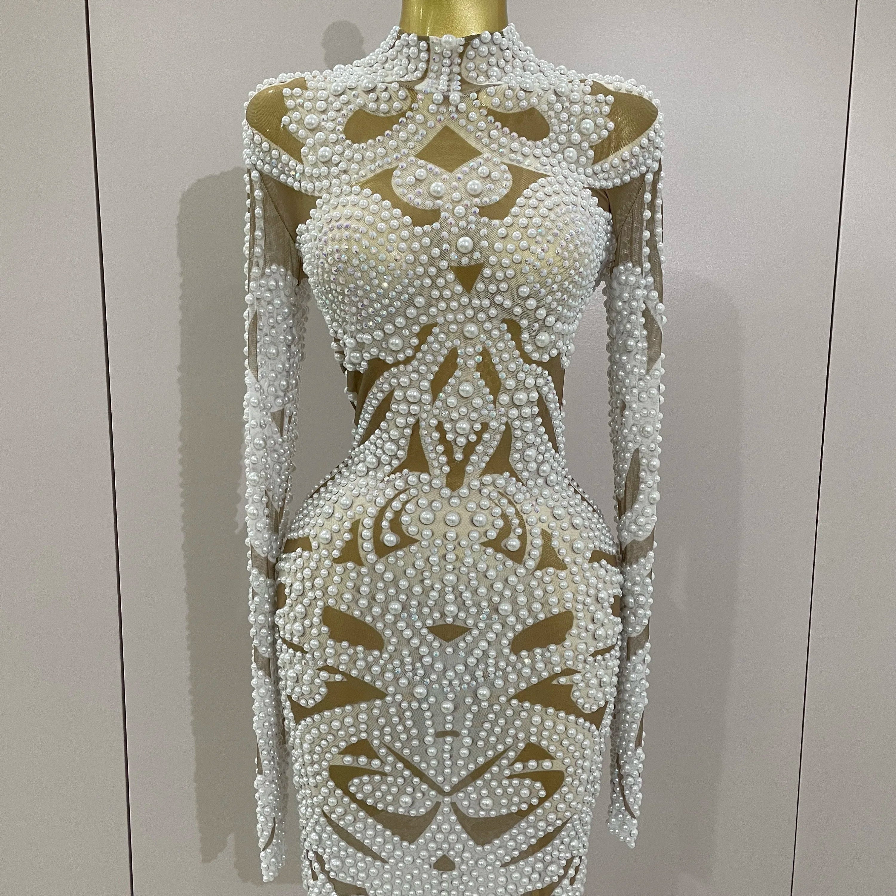 2025 New High-end Elegant Evening Gown AB Rhinestones Pearls Luxury Long Sleeves Mesh Dress Women Cocktail party Wedding Costume WHITE