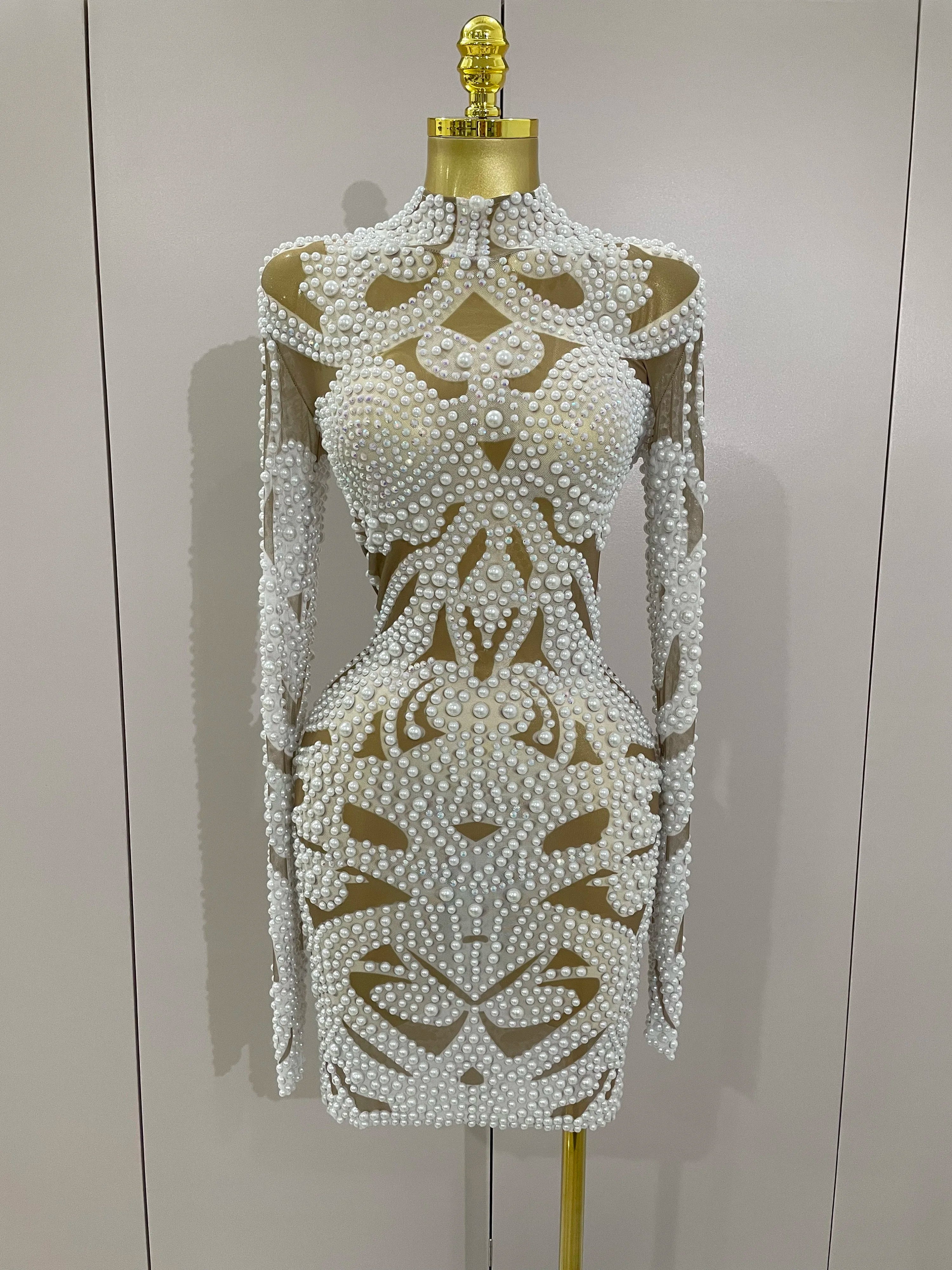 2025 New High-end Elegant Evening Gown AB Rhinestones Pearls Luxury Long Sleeves Mesh Dress Women Cocktail party Wedding Costume WHITE