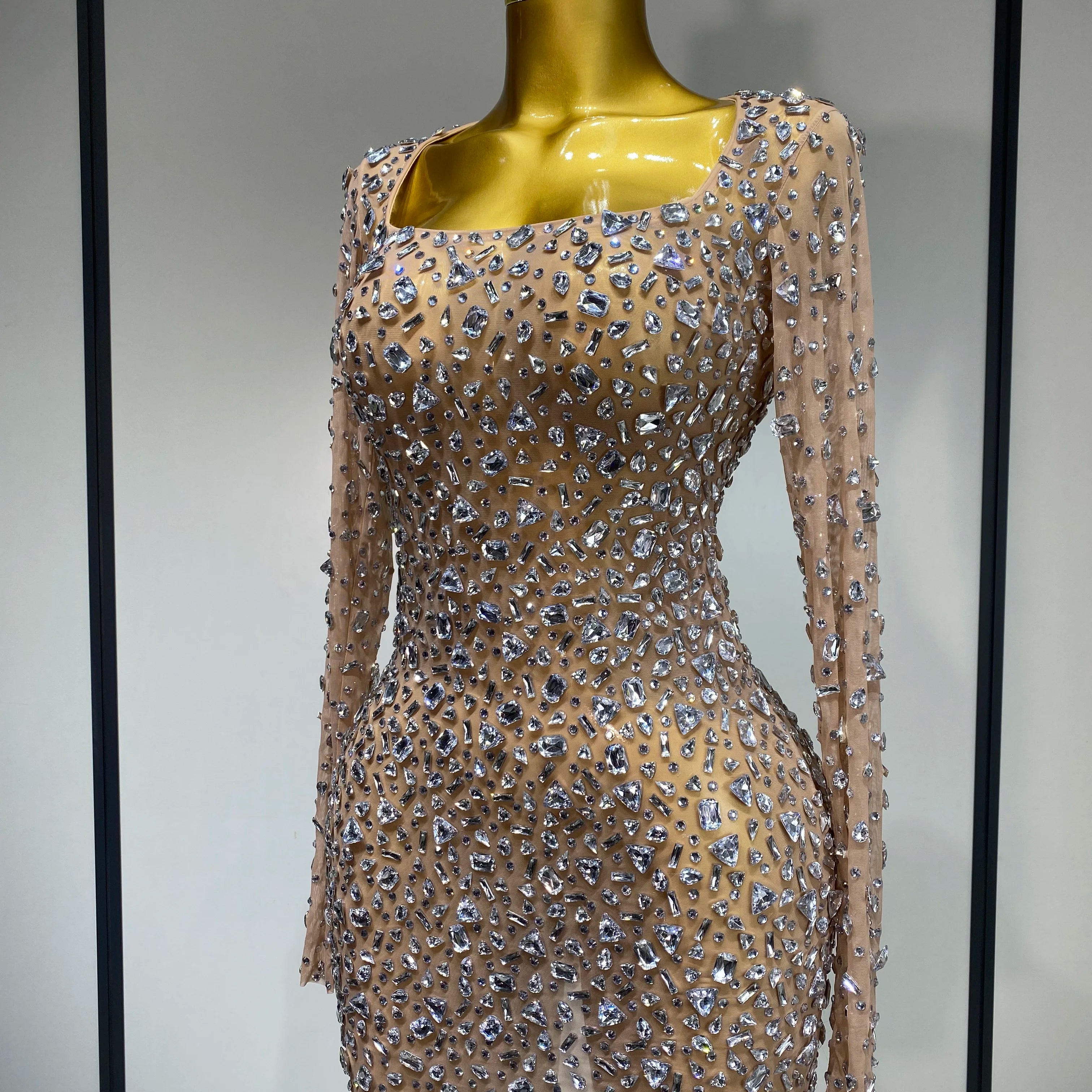 Sparkly Rhinestone Sexy Transparent Mini Dress Celebrity Evening Party Prom Birthday Photo Shoot Nightclub Stage Costume