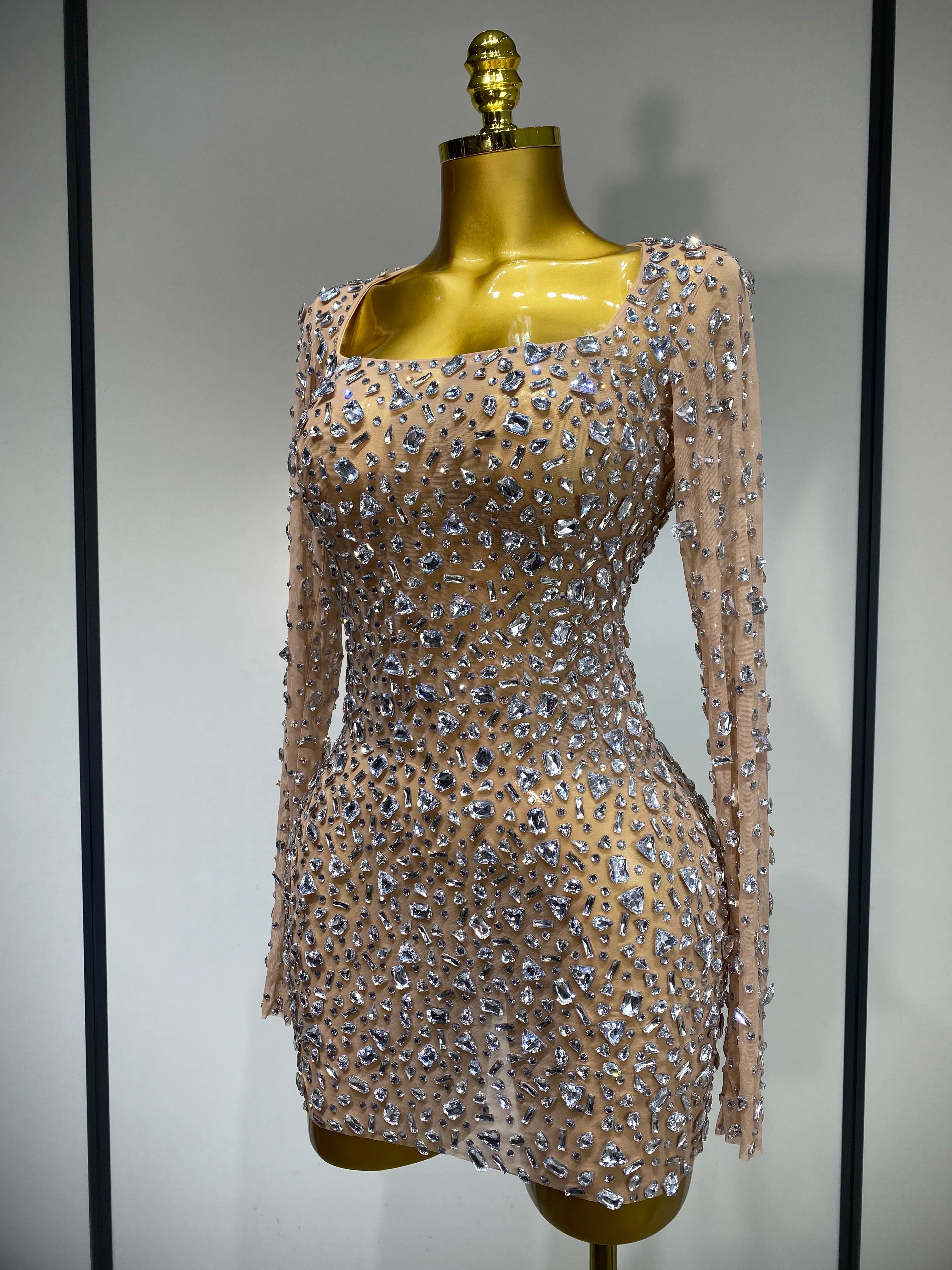 Sparkly Rhinestone Sexy Transparent Mini Dress Celebrity Evening Party Prom Birthday Photo Shoot Nightclub Stage Costume