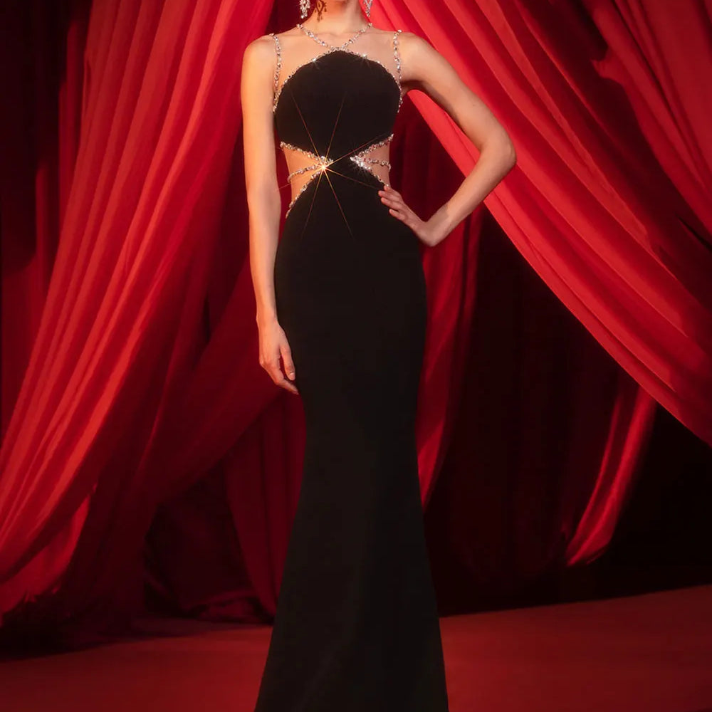 2025 Sexy Women's Light Luxury Water Diamond Spaghetti Strap Sleeveless Bandage Dress Waist Waist Bodycon Backless Long Dresses black