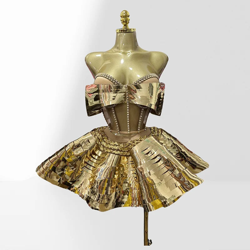 Mirror Surface Woman Party Set Stereoscopic Bows Strapless Tops And UFO Mini Skirt 2 Pieces Party Outfit Performance costume Gold