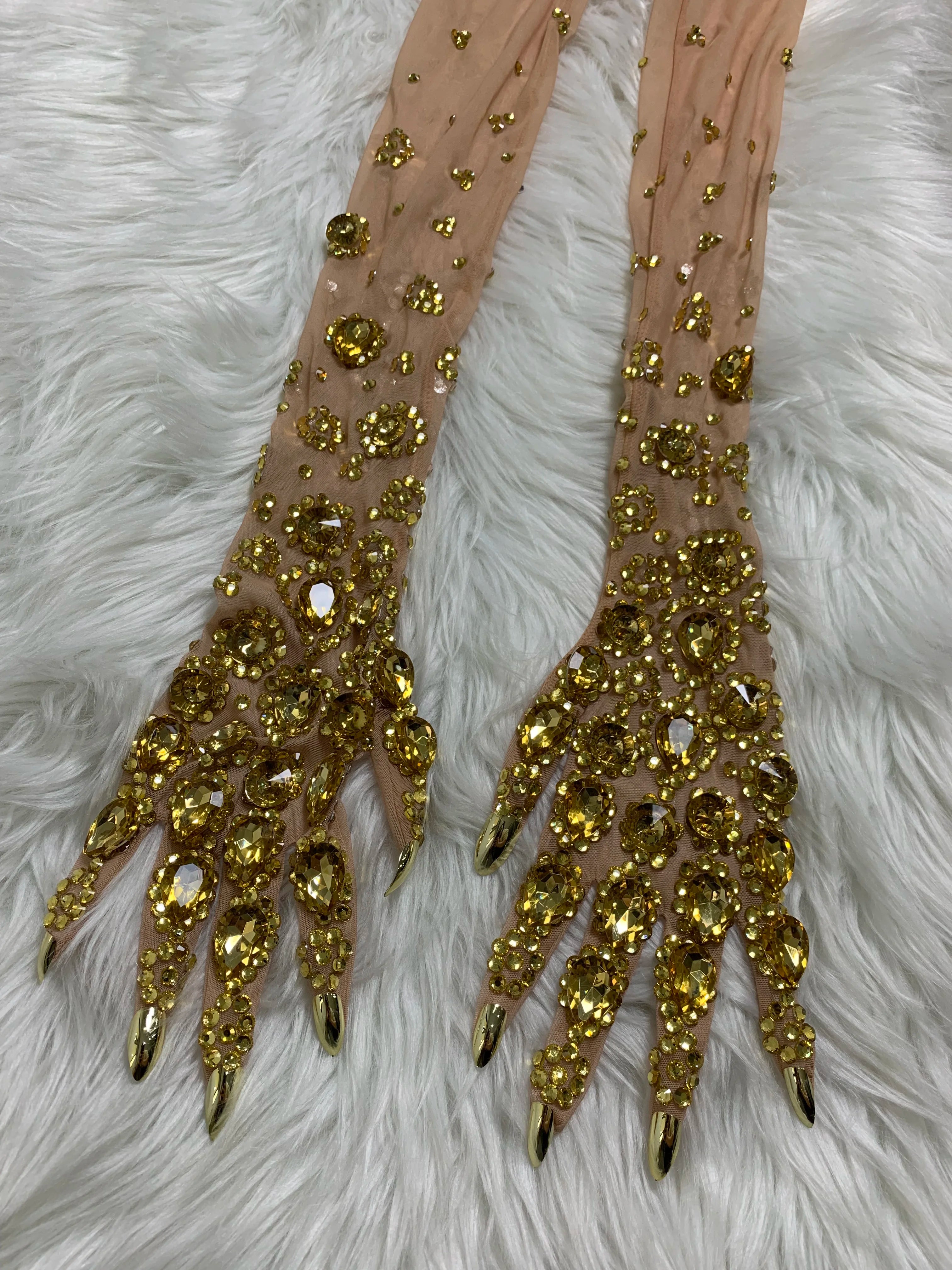 Women Sexy Luxury Gold Rhinestones Mesh Long Gloves Dancer Singer Nightclub Stage Party Show Accessories Sparkly Decoration One Size