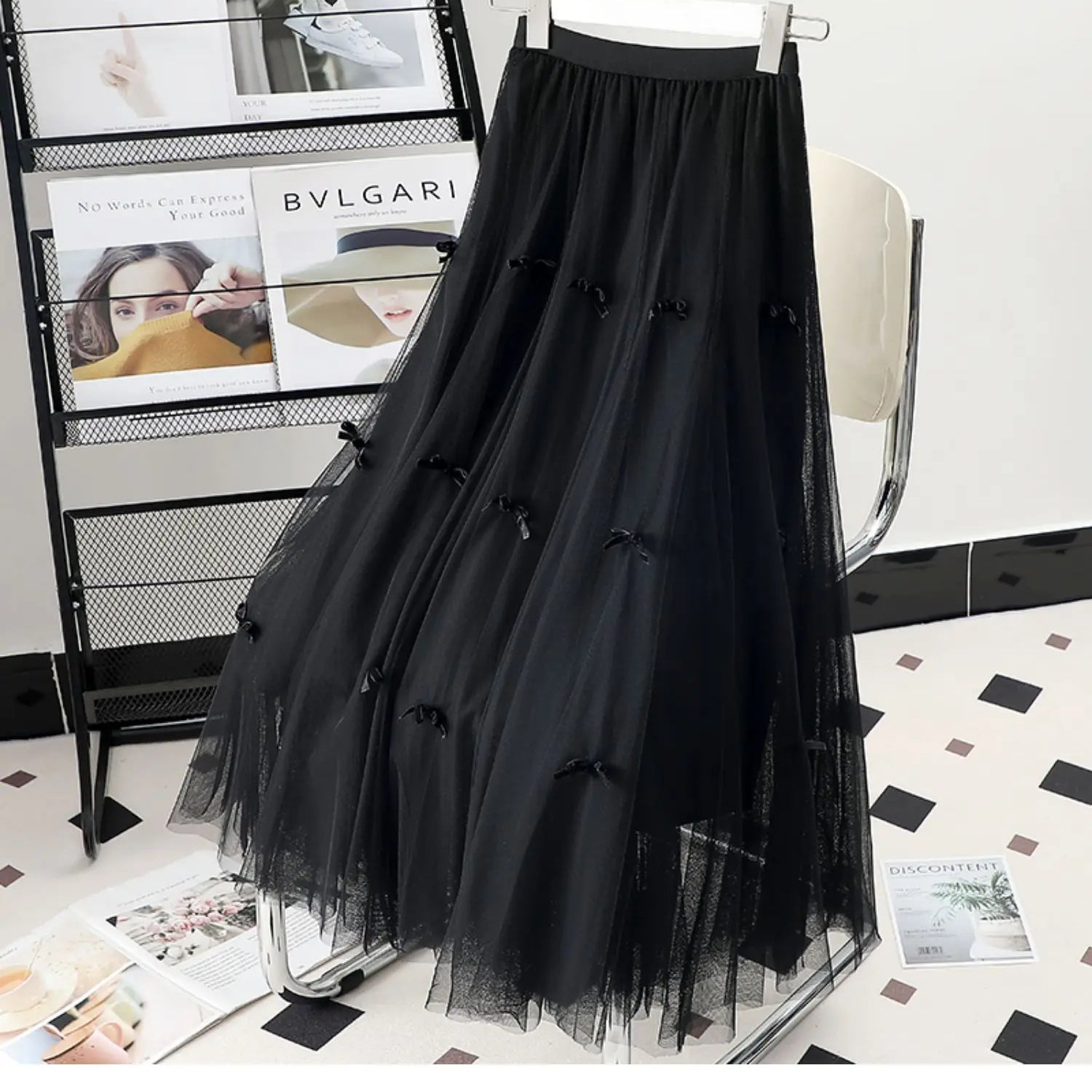 Women's Korean Fashion Harajuku Long Gauze Skirt Spring Summer High Waist Midi Maxi Tulle Skirt Aesthetic Vintage Y2k Skirt Black