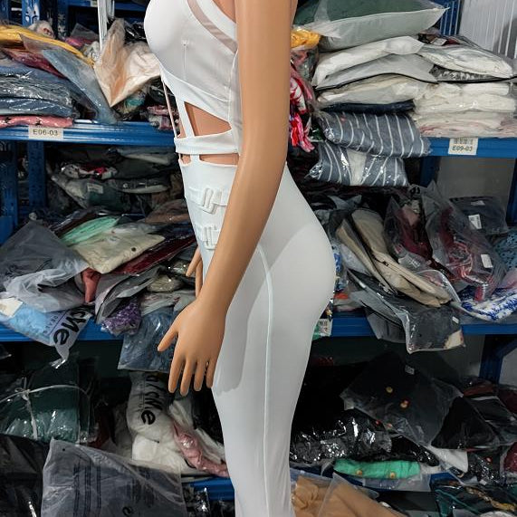 Sexy Night Out Jumpsuit for Women 2024 Summer New Sleeveless Plunge Hollow Out Halter Buckled Contrast Mesh Lady Skinny Jumpsuit