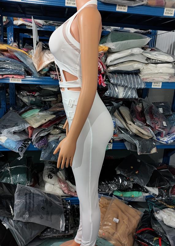 Sexy Night Out Jumpsuit for Women 2024 Summer New Sleeveless Plunge Hollow Out Halter Buckled Contrast Mesh Lady Skinny Jumpsuit