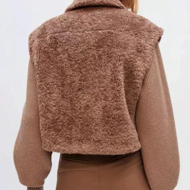 IOO Winter New Thick Warm Wool Fur Women Coats Knit Splice Turn-Down Collar Pocket Faux Fur Short Female Outwear Jackets Tops