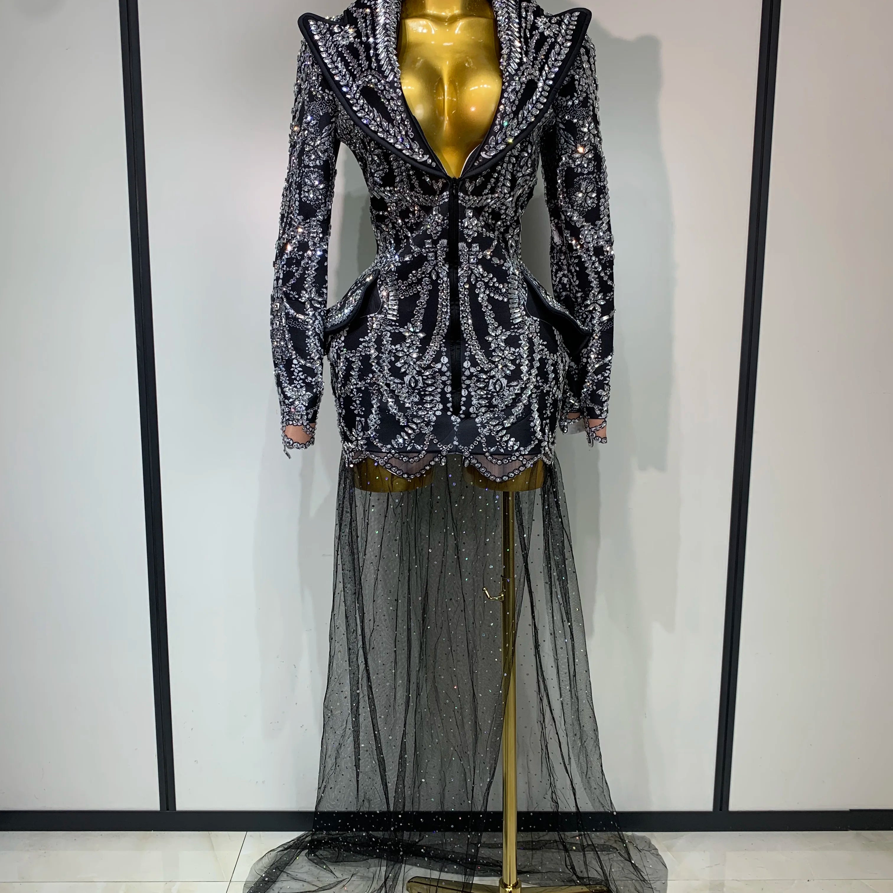 Luxury Nightclub Evening Birthday Dresses Stage Perform Outfit Sparkly Rhinestone Women's Elegant Party Sexy Dress black