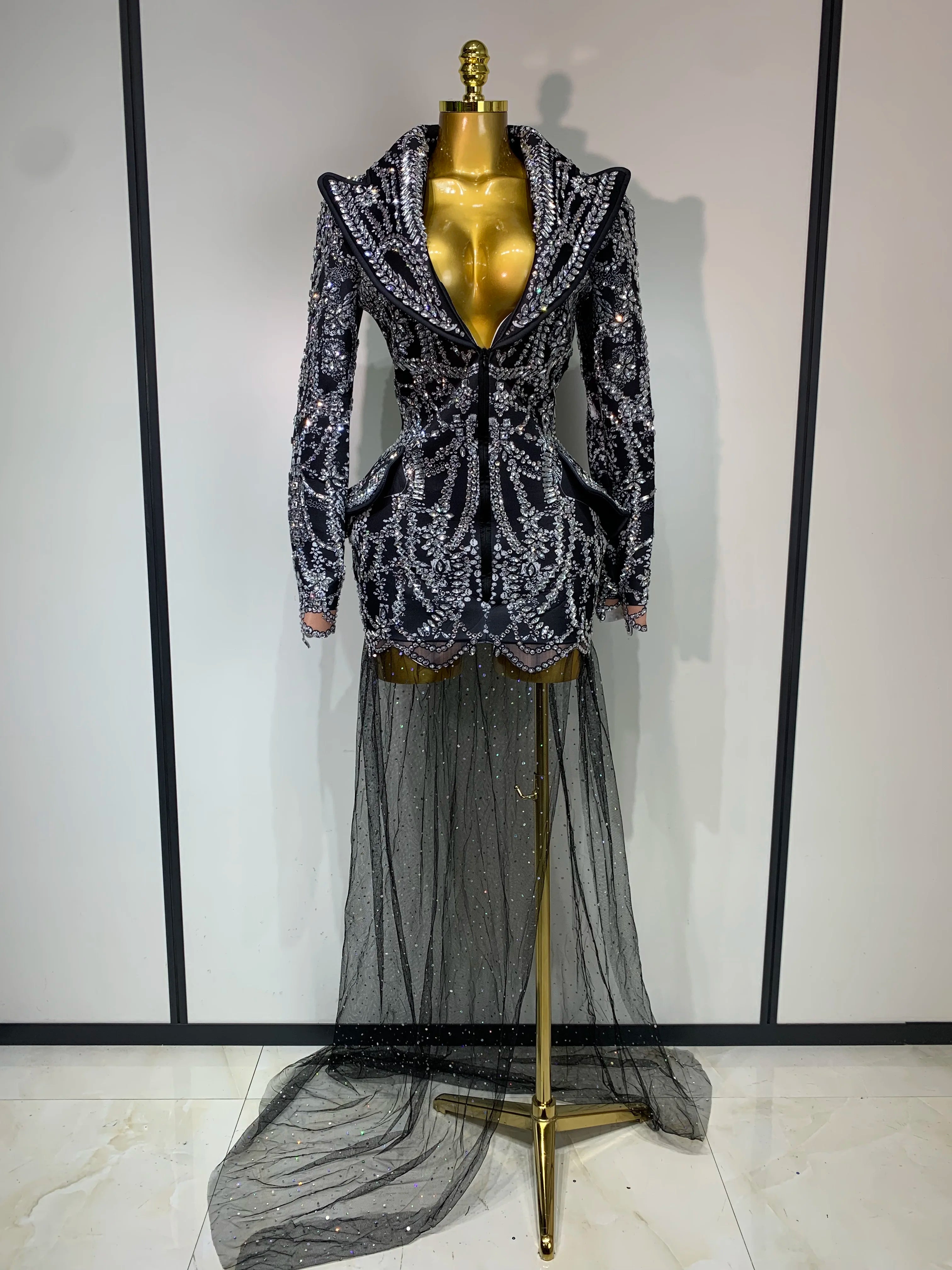 Luxury Nightclub Evening Birthday Dresses Stage Perform Outfit Sparkly Rhinestone Women's Elegant Party Sexy Dress black